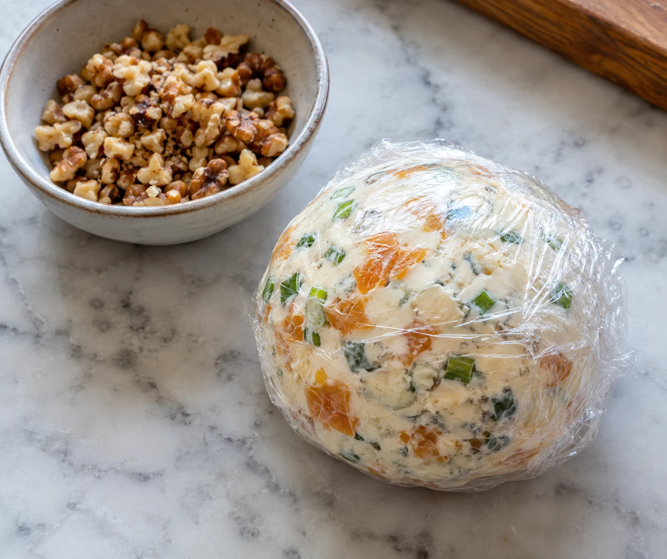 The apricot and blue-cheese mixture is shaped into a ball before chilling, with toasted walnuts set aside.