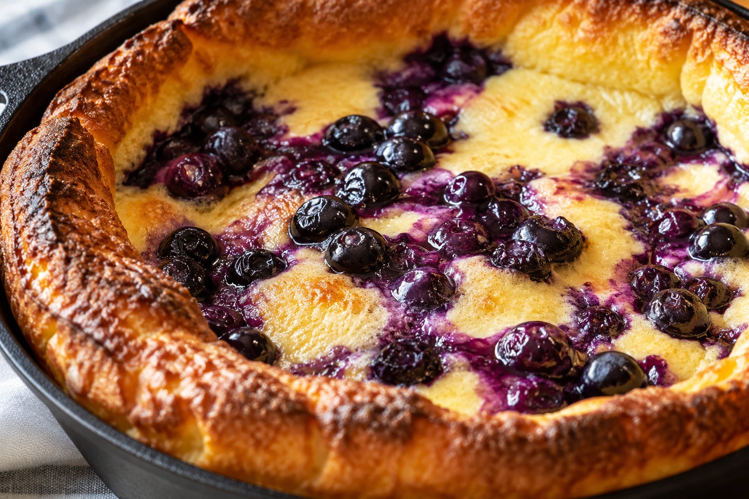 A deeply golden puffed edge surrounds the tender blueberry-studded center of the Dutch baby.