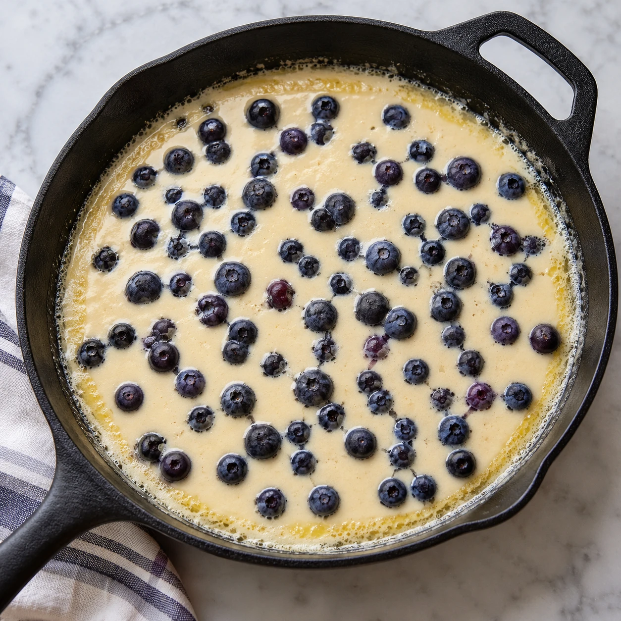 Fresh blueberries are scattered over smooth batter in a buttered cast-iron skillet before baking.