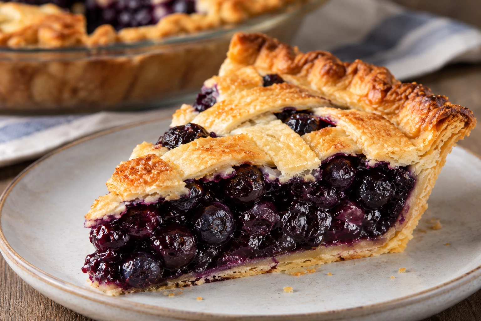 A blueberry pie slice shows thick berries and flaky pastry layers beneath a browned lattice top.