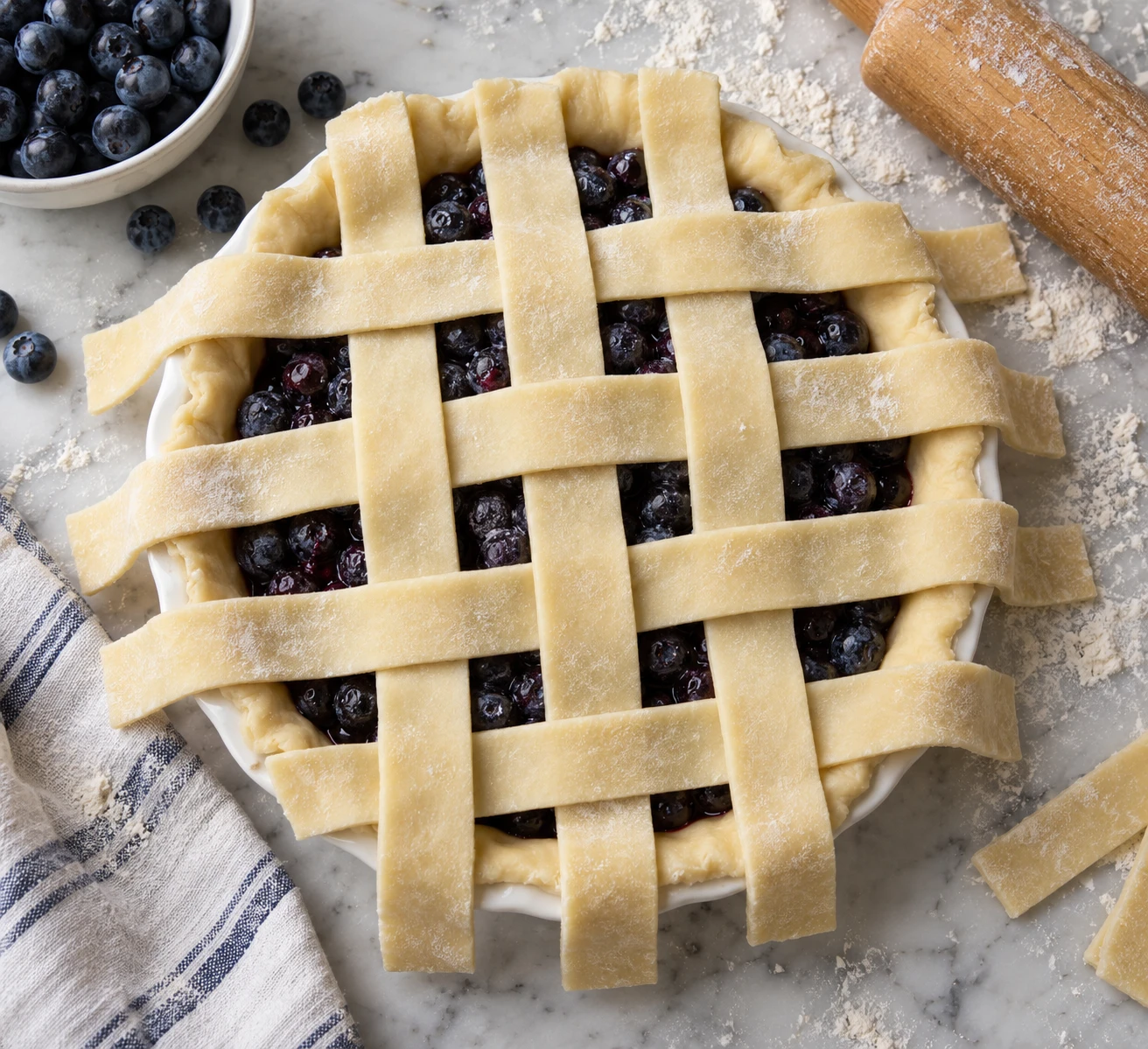 Pastry strips are woven over the blueberry filling in a pie plate before crimping.
