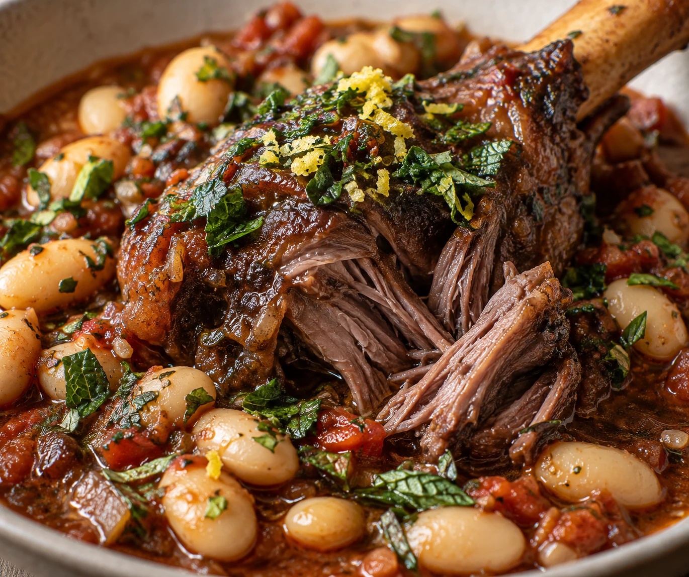 Tender lamb pulls from the bone beside creamy white beans and finely chopped lemon-herb gremolata.