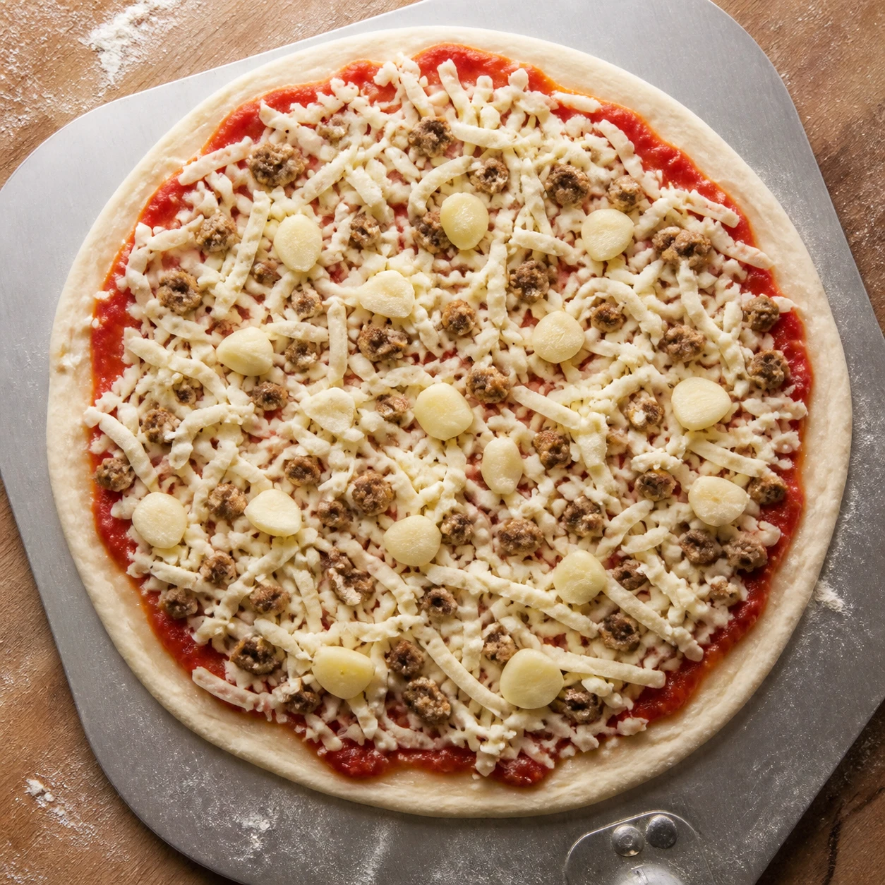 Stretched pizza dough on a peel is topped with garlic tomato sauce, pork, mozzarella, and garlic chunks.