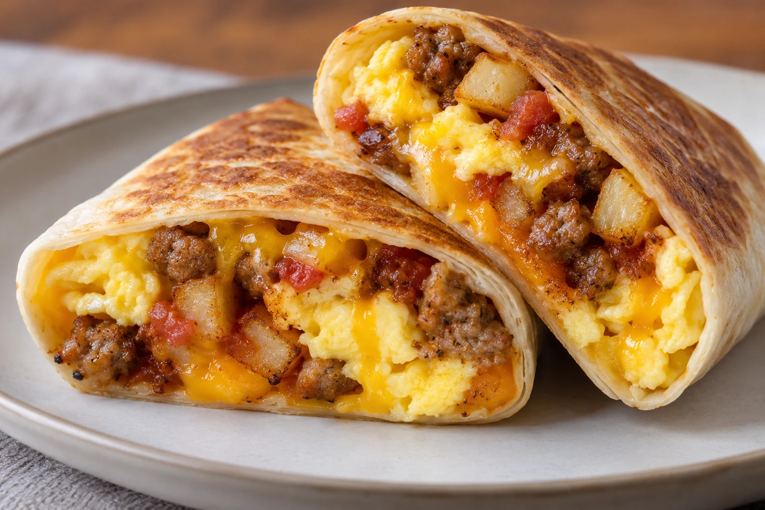 Soft eggs, crisp potatoes, browned sausage, and melted cheddar sit in a neatly sealed golden tortilla.