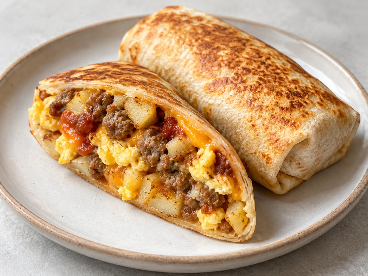 A golden toasted burrito shows sausage, crisp potatoes, soft eggs, cheddar, and a little salsa at its cut edge.