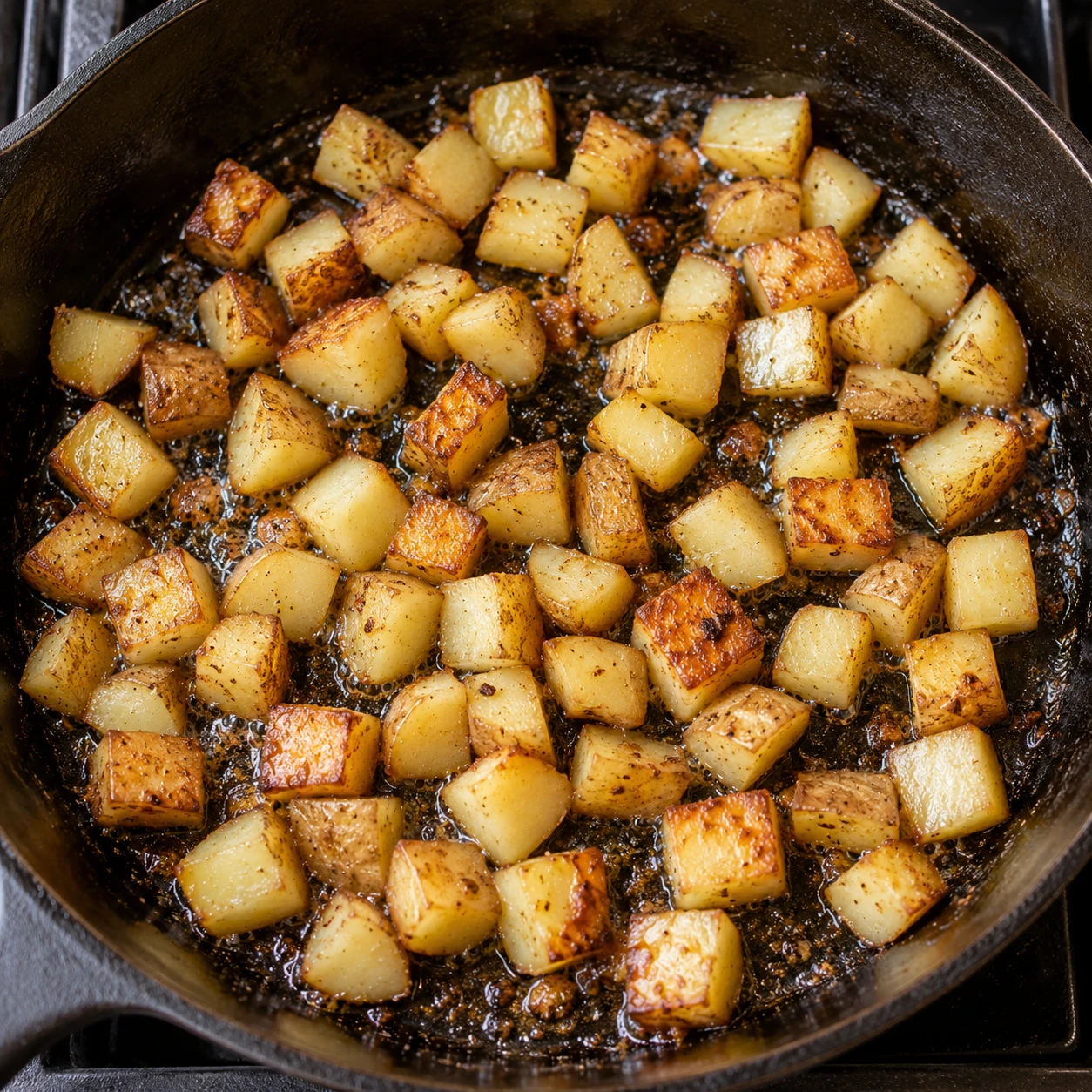 Small potato cubes brown in the thin layer of sausage fat left in a skillet.