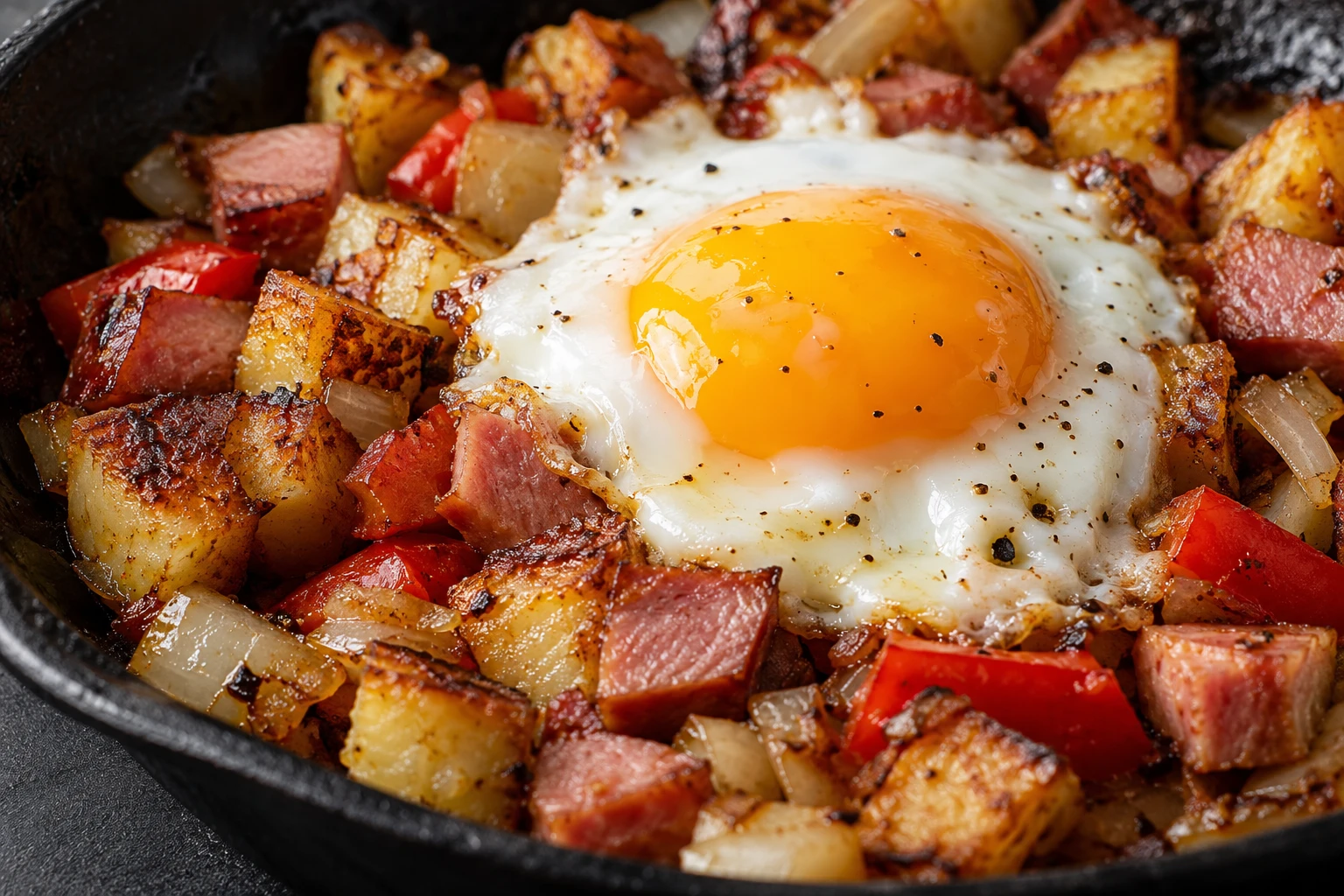 A glossy soft yolk and set white rest over crisp browned potatoes and smoked ham.