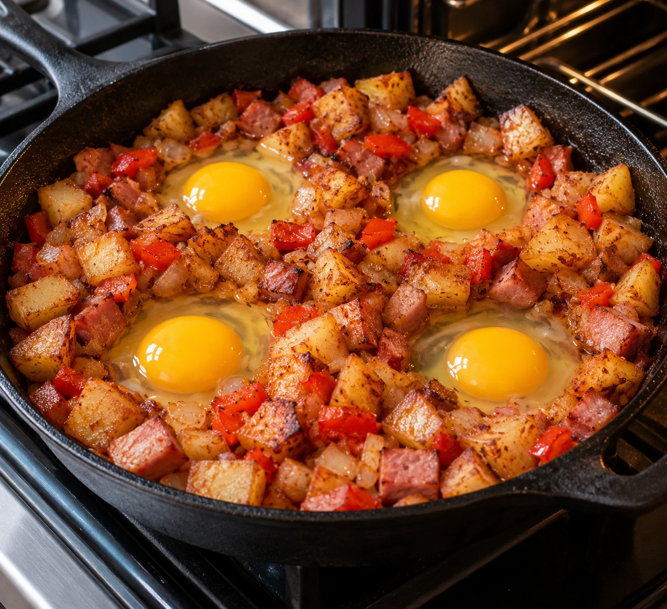 Raw eggs sit in wells among browned potatoes, smoked ham, onion, and red pepper before baking.