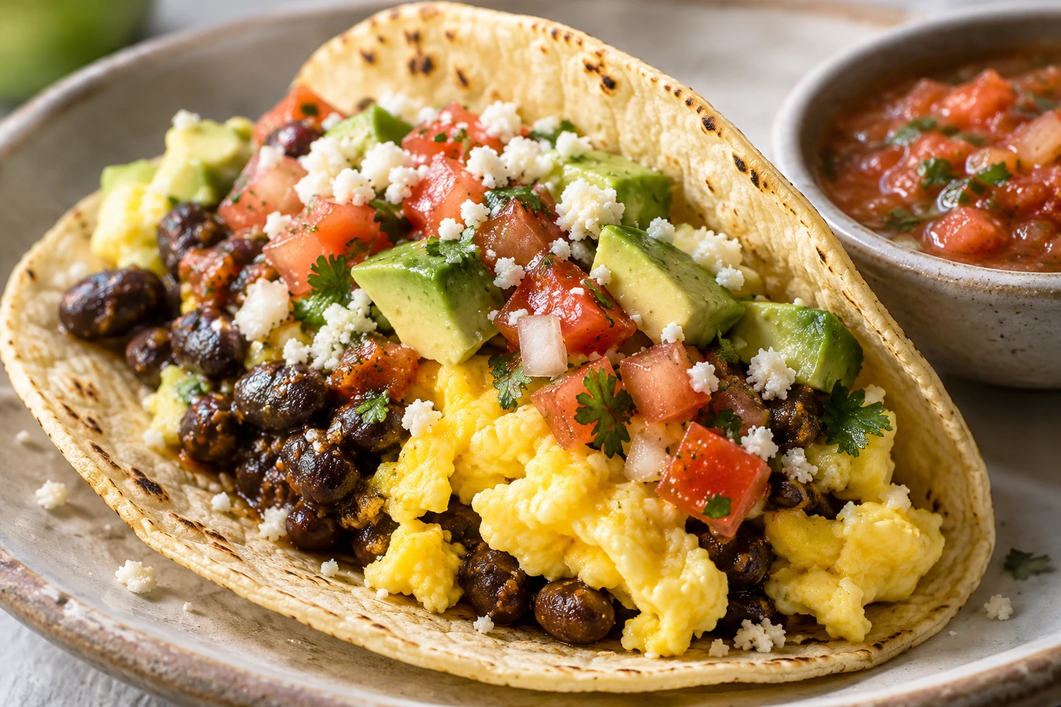 Tender egg curds and cumin beans sit under fresh pico, cotija, and avocado in a soft corn tortilla.