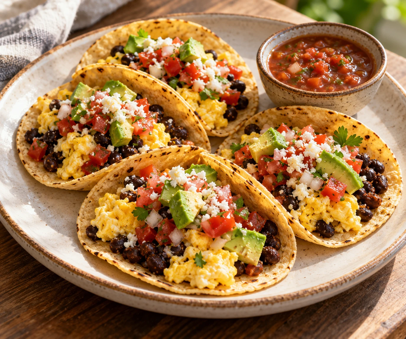 Four small corn tortillas hold soft scrambled eggs, cumin beans, pico de gallo, cotija, and avocado beside mild salsa.