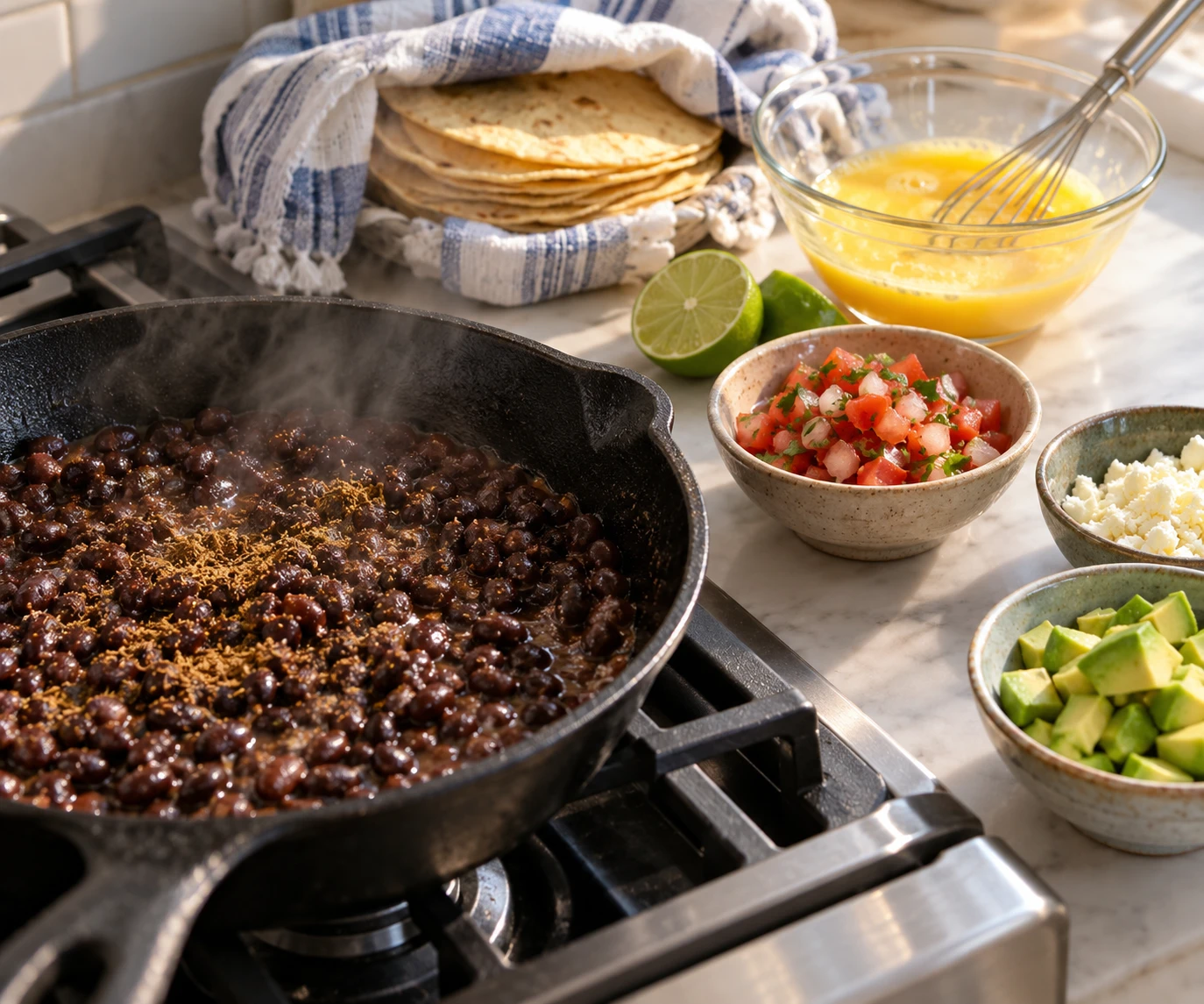 Cumin black beans warm in a skillet beside eggs, lime, fresh toppings, and soft tortillas under a towel.