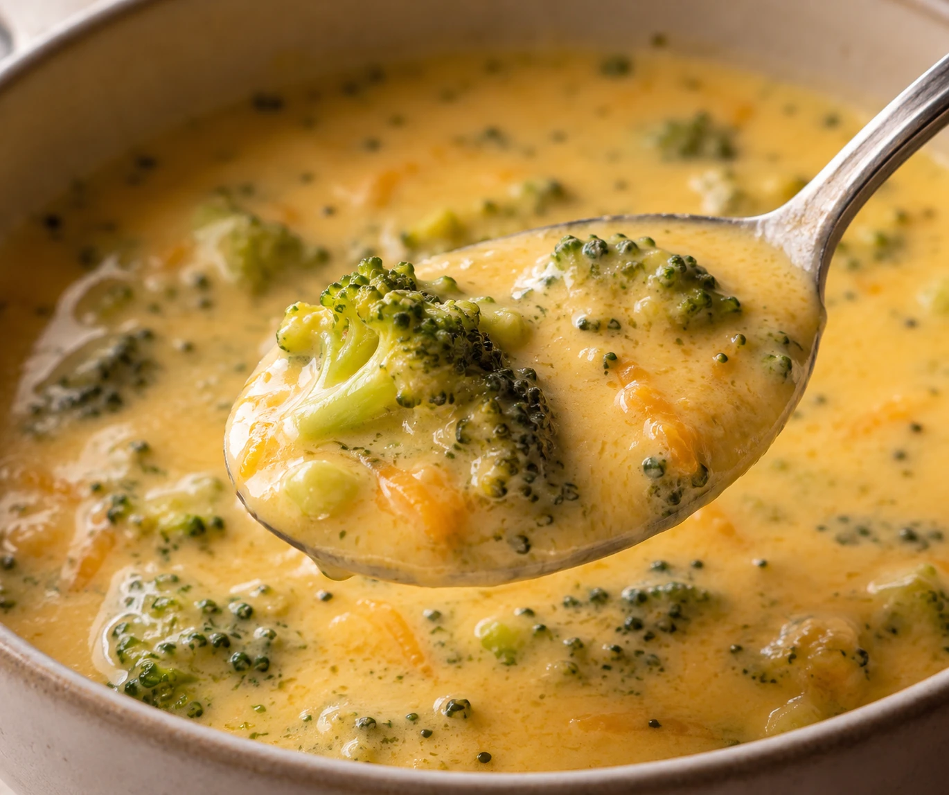 A spoonful of glossy cheddar soup shows creamy base and tender broccoli pieces.