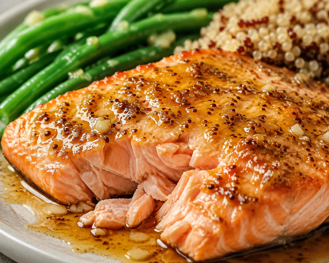 Glossy Dijon lemon garlic glaze coats a moist broiled salmon fillet beside green beans and quinoa.