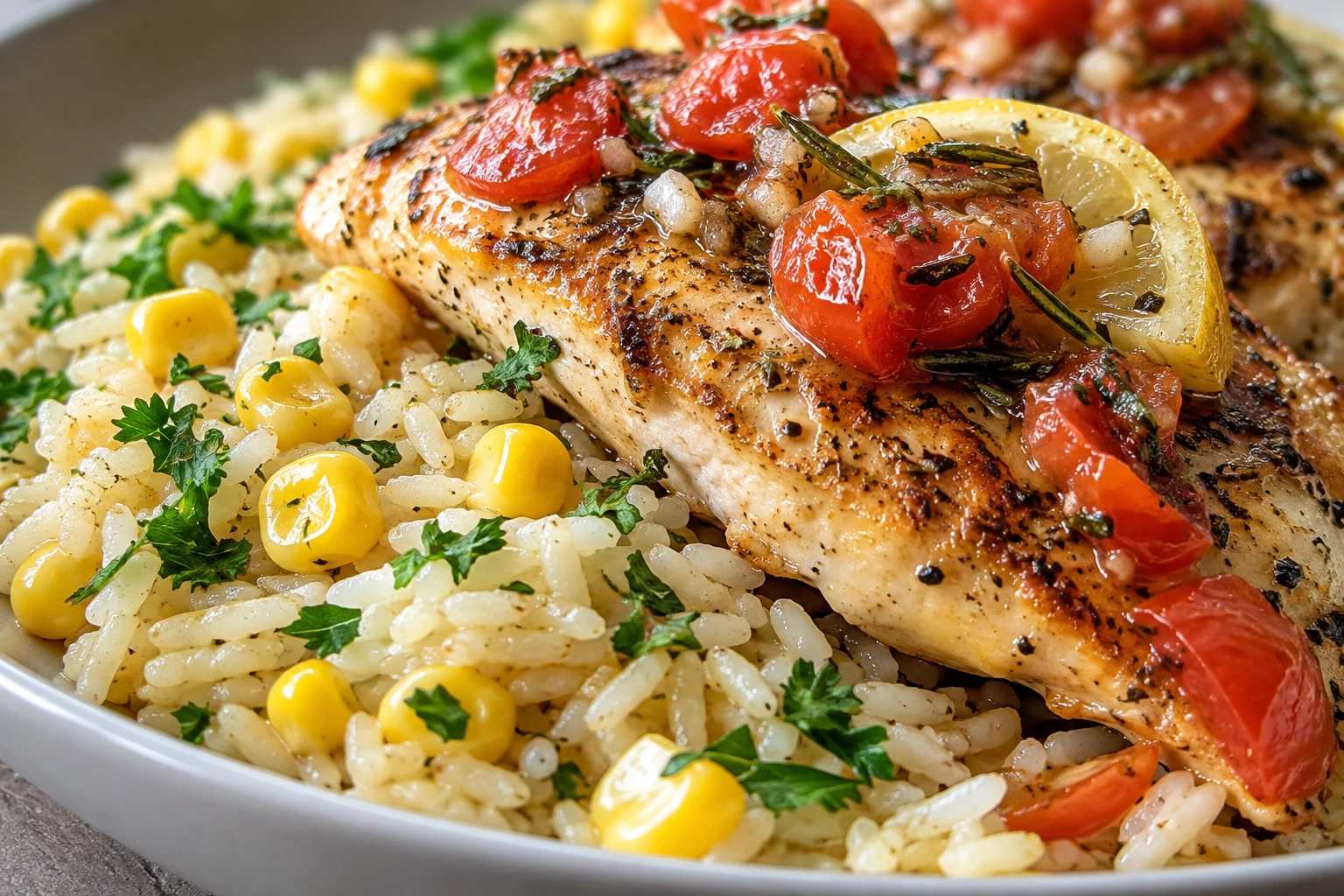 Separate rice grains, sweet corn, parsley, and a tender seared chicken slice show the finished textures.
