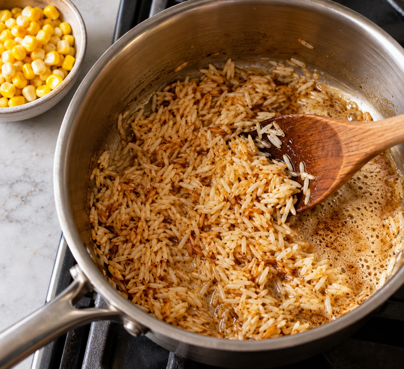 Rice grains are coated in amber brown butter in a saucepan before stock and corn are added.