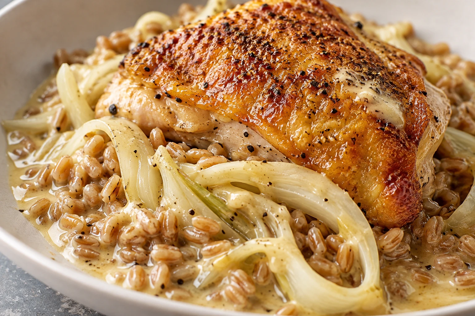 Bronzed chicken skin, tender fennel, and distinct farro grains are coated with silky lemon sauce.