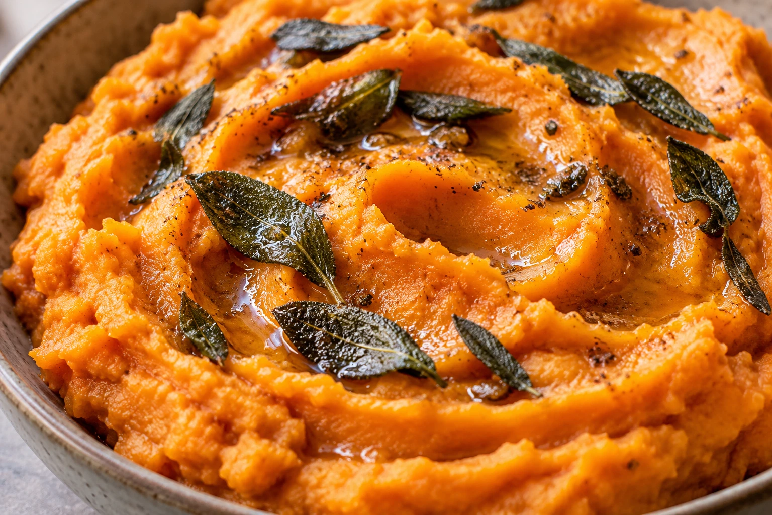 Amber brown butter pools in soft ridges of sweet potato mash beside crisp sage.