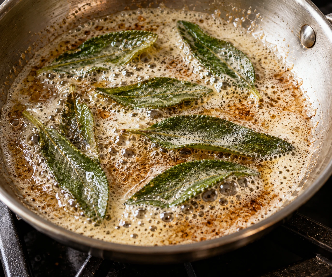 Fresh sage leaves crisp in foaming butter as golden-brown flecks begin to form.