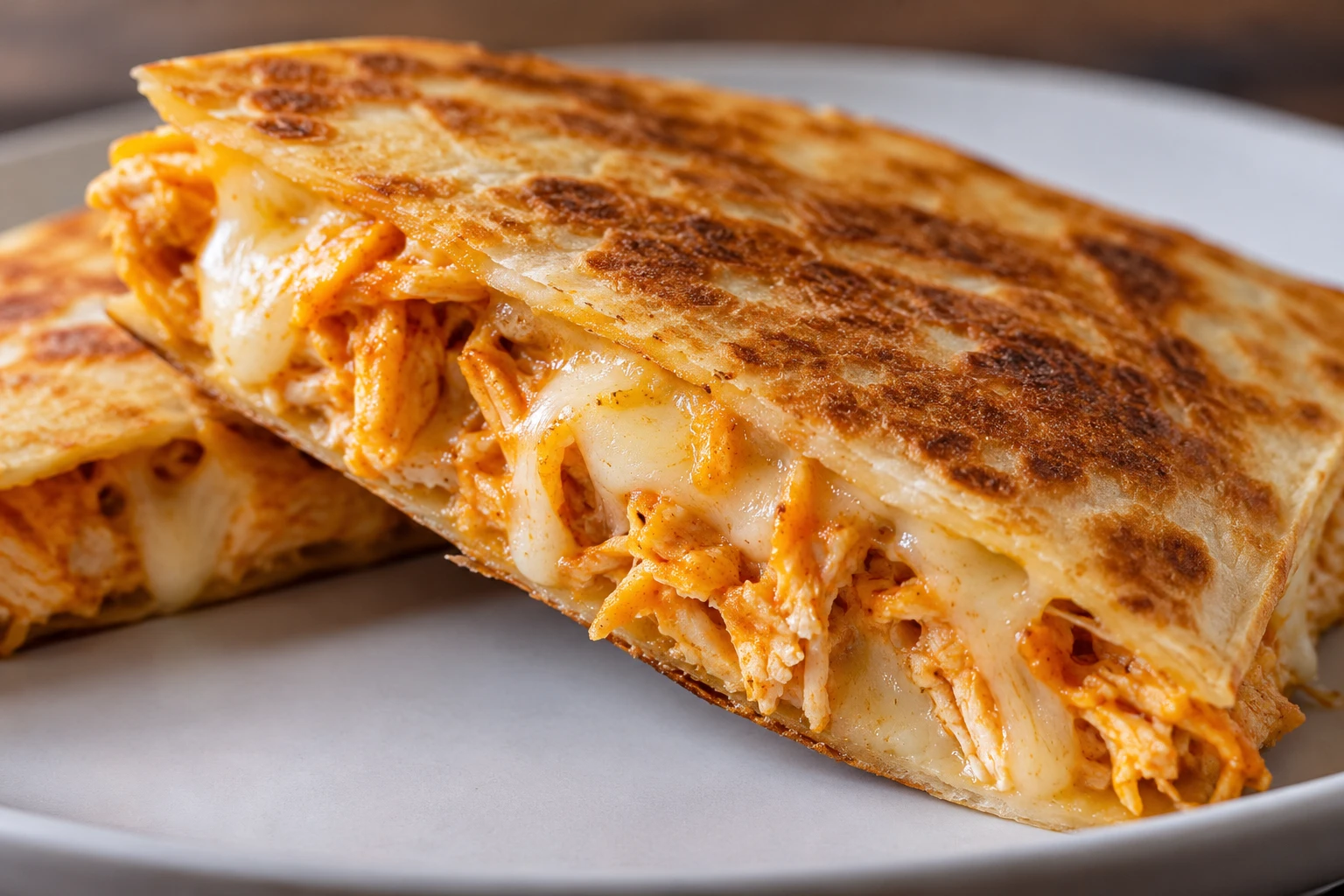 A close view shows melted cheese and Buffalo chicken tucked inside a crisp browned tortilla wedge.