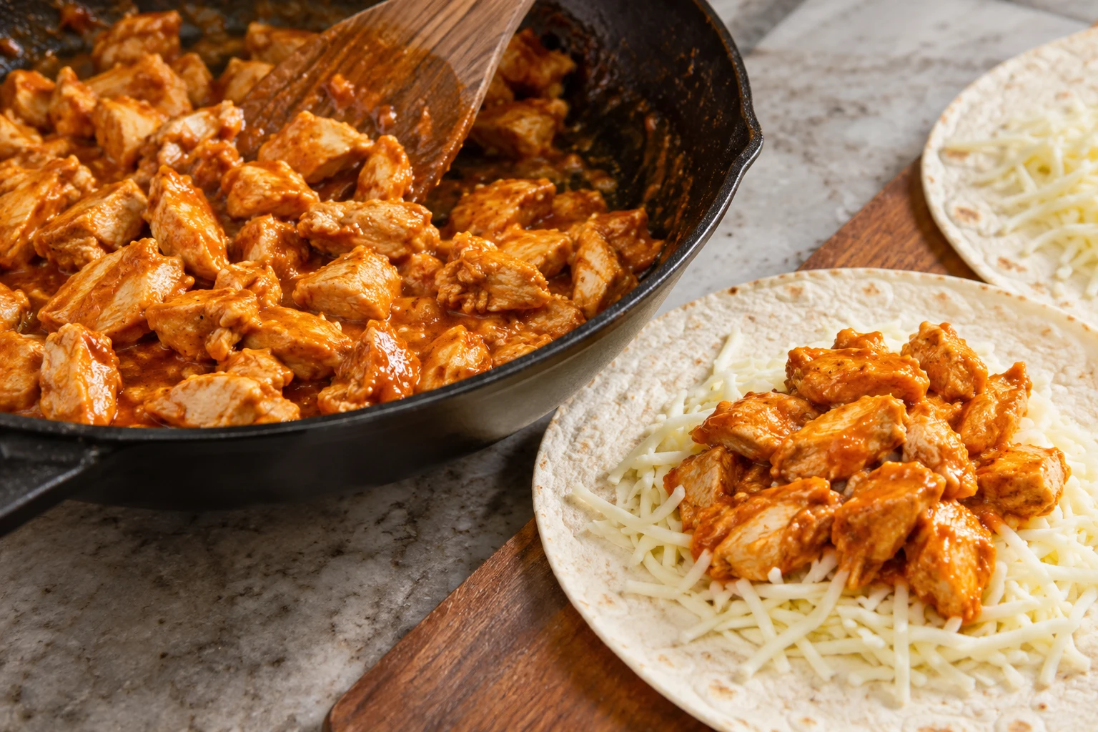 Chopped chicken is coated in Buffalo sauce before it is added to cheese on flour tortillas.