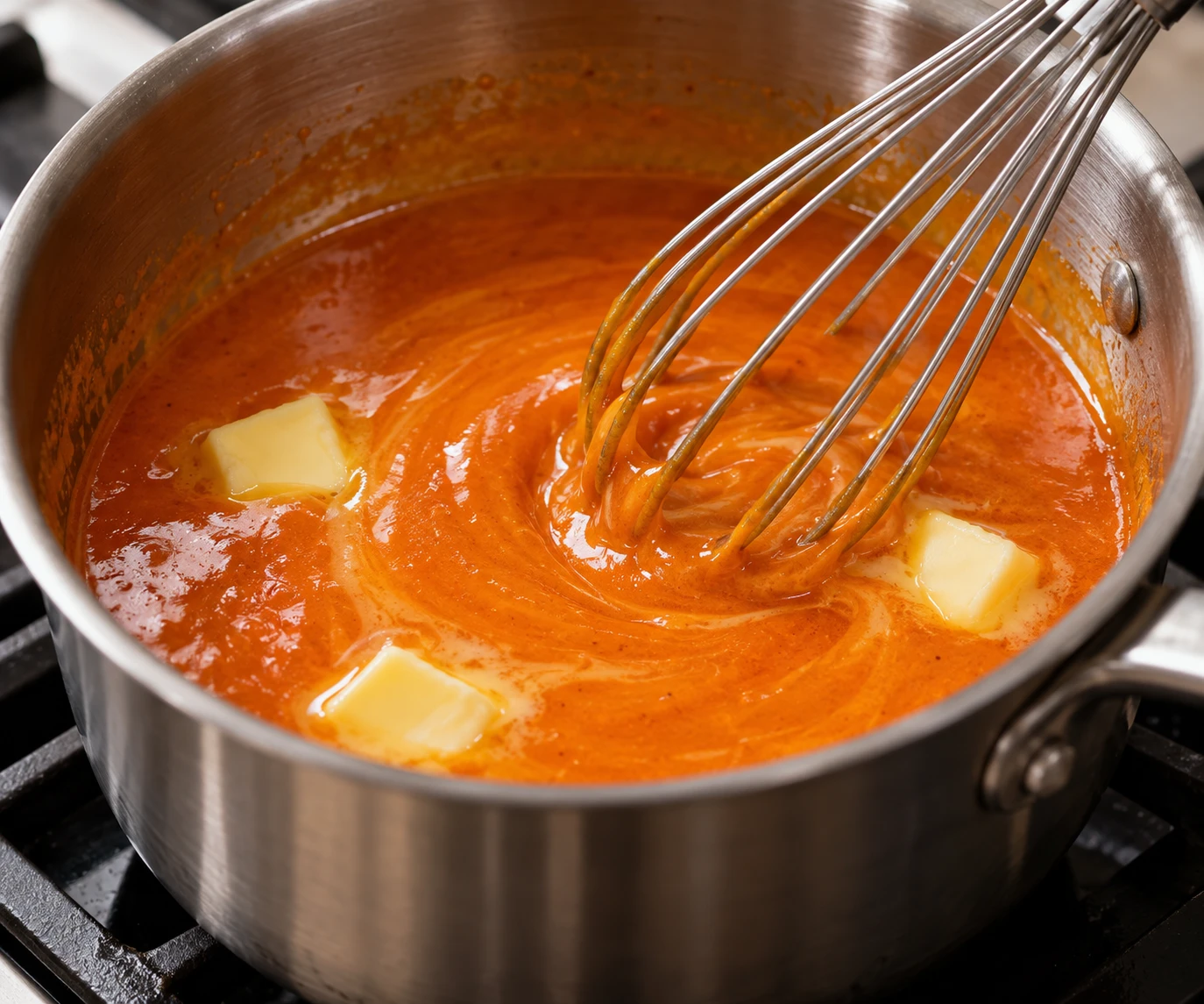Butter pieces melt into gently warmed cayenne sauce as a whisk creates a smooth orange emulsion.