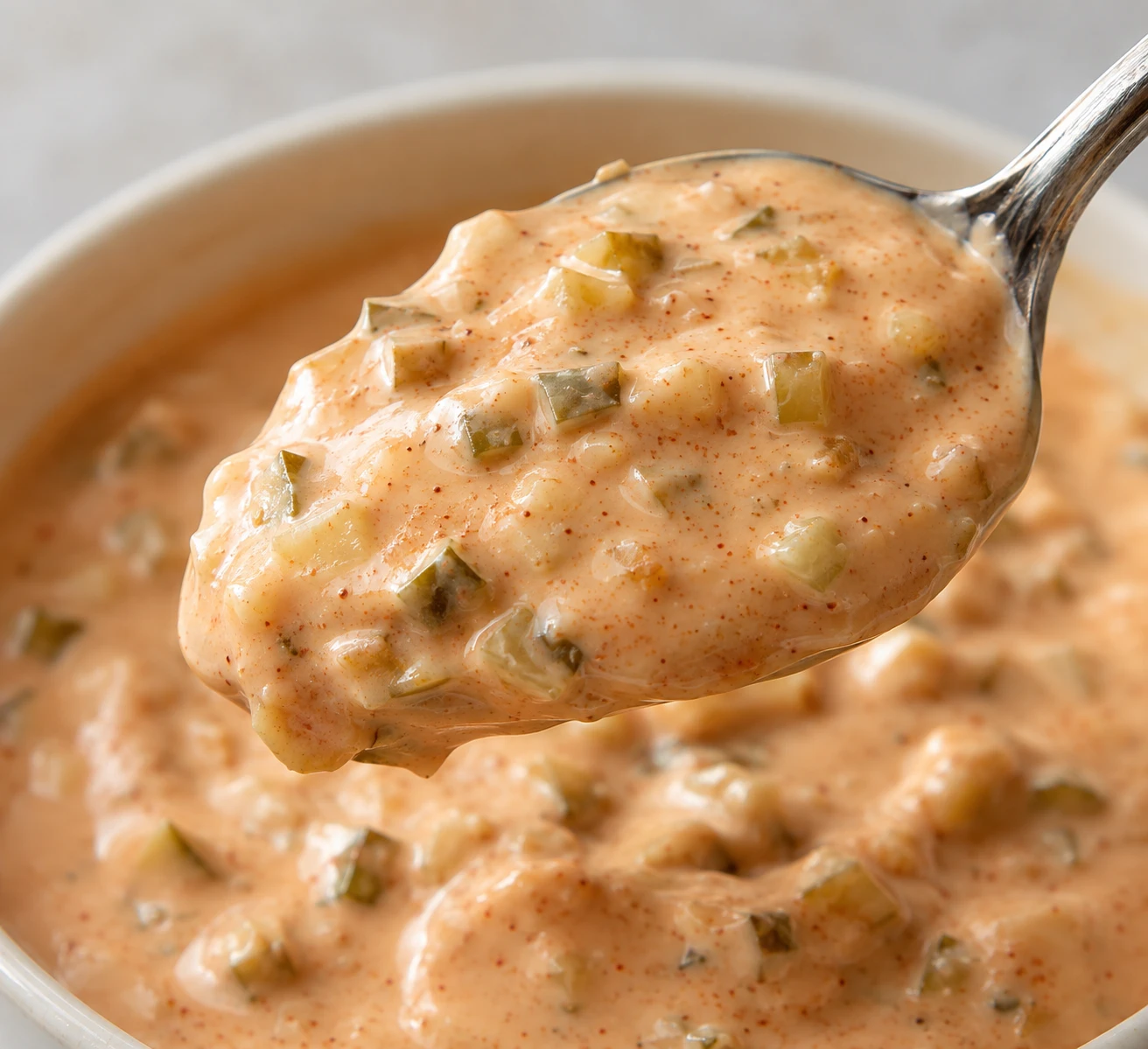 A spoonful of thick burger special sauce shows tiny dill pickle pieces and subtle paprika flecks.