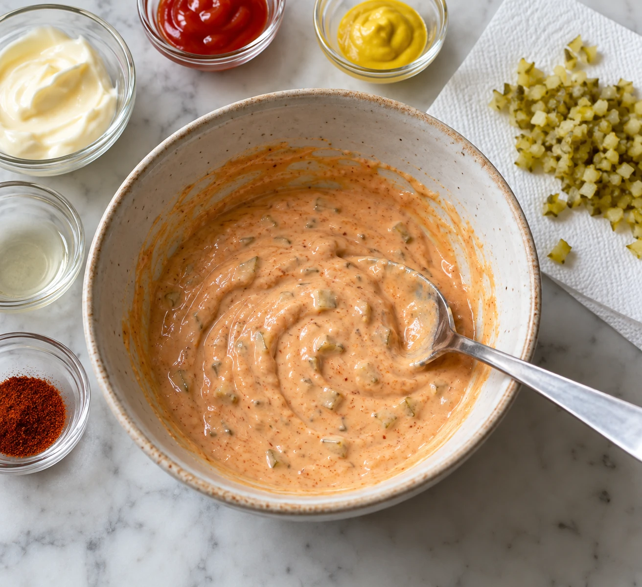 A spoon folds dry chopped dill pickle into a smooth coral mayonnaise, ketchup, and mustard sauce.