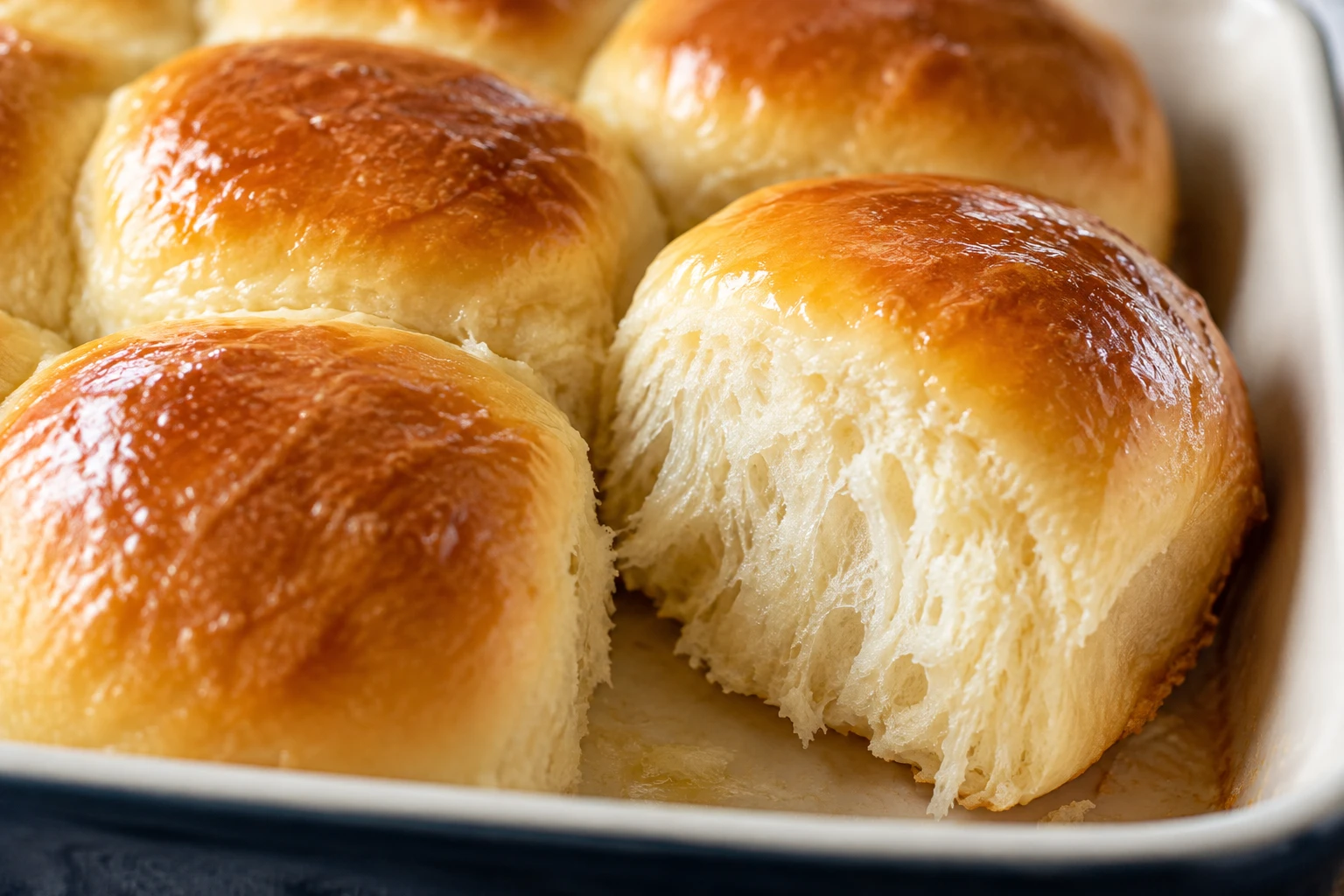 A soft golden roll separates from its neighbors, showing tender crumb and a glossy buttered top.