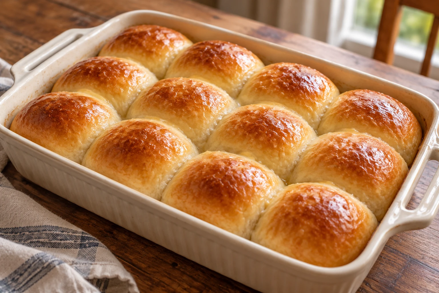 Golden pull-apart dinner rolls sit close together in a baking dish with melted butter shining on their soft tops.