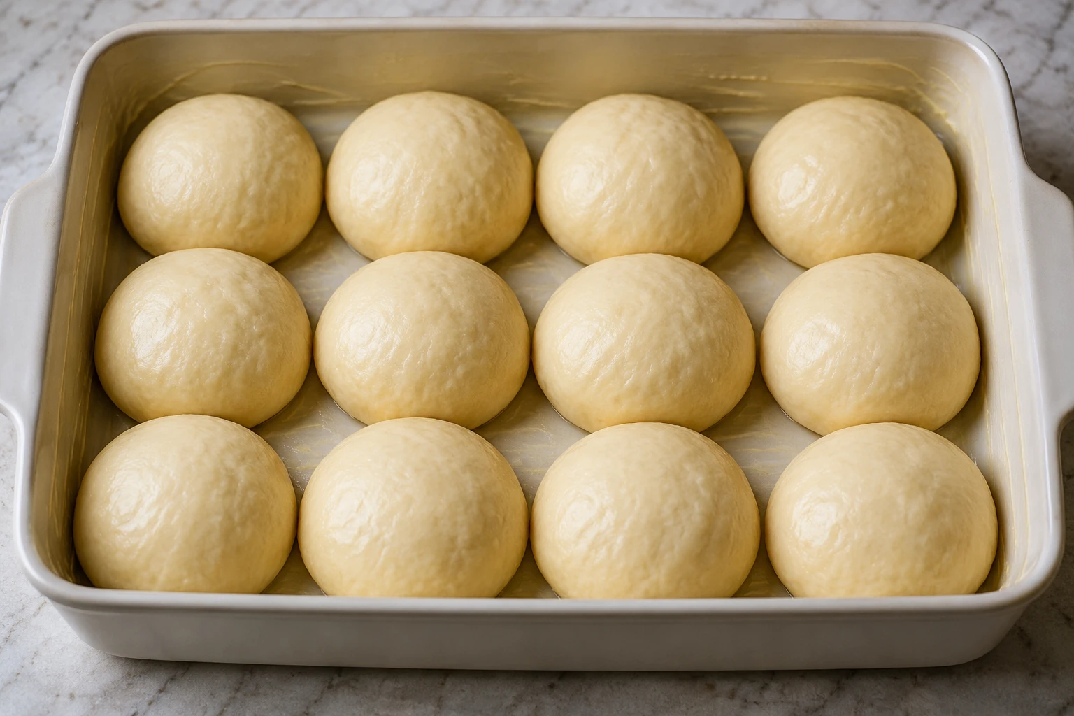 Smooth dough balls are arranged seam-side down in a buttered baking dish before their final rise.