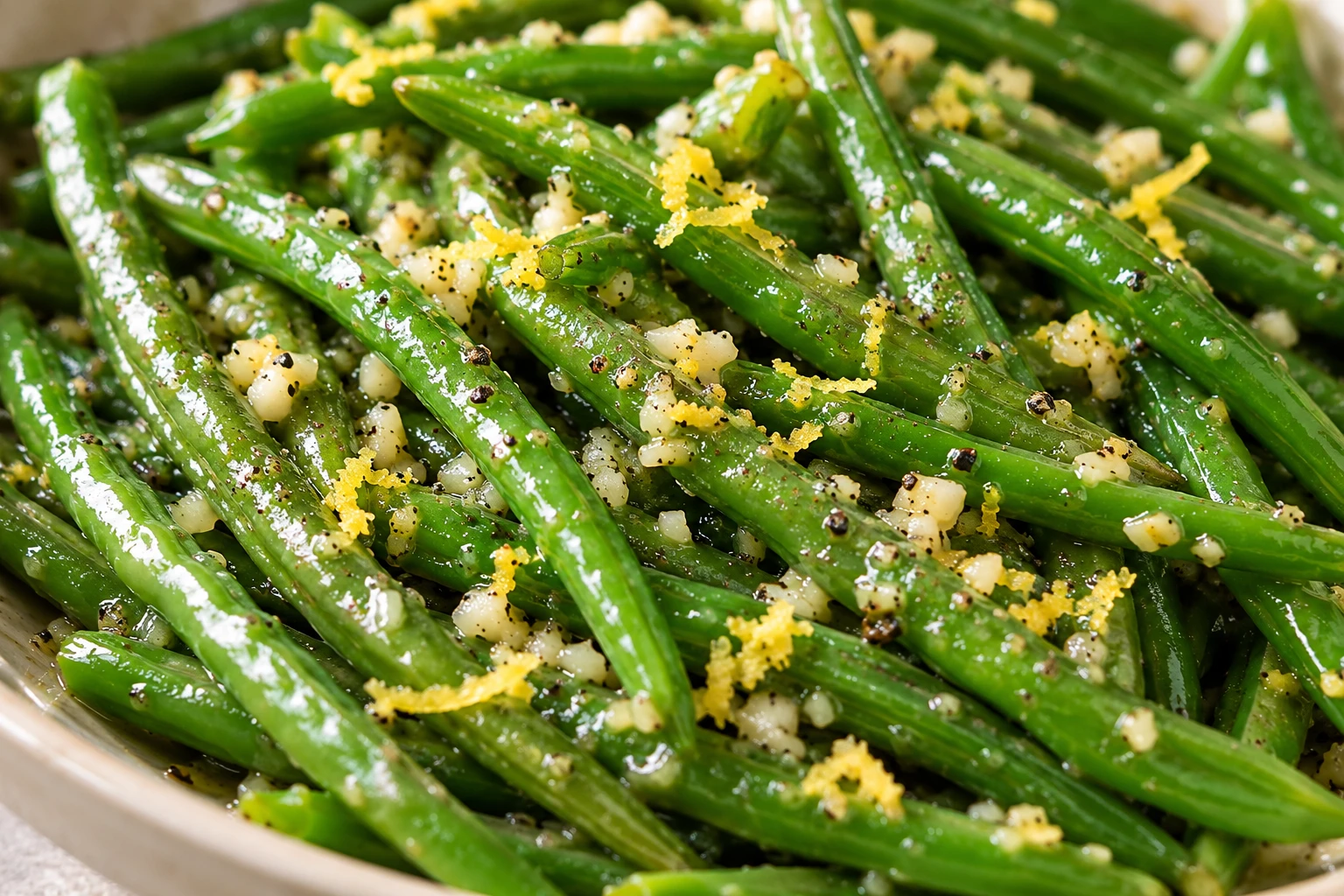 Pale garlic butter and lemon zest cling to vivid green beans with crisp-tender centers.