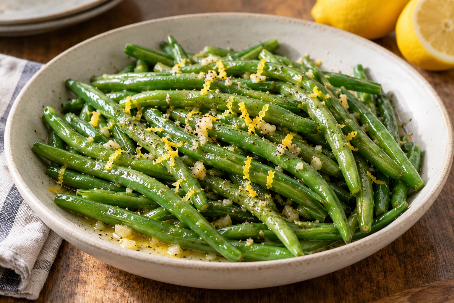 Bright green beans coated in garlic butter with flecks of black pepper and lemon zest in a serving dish.