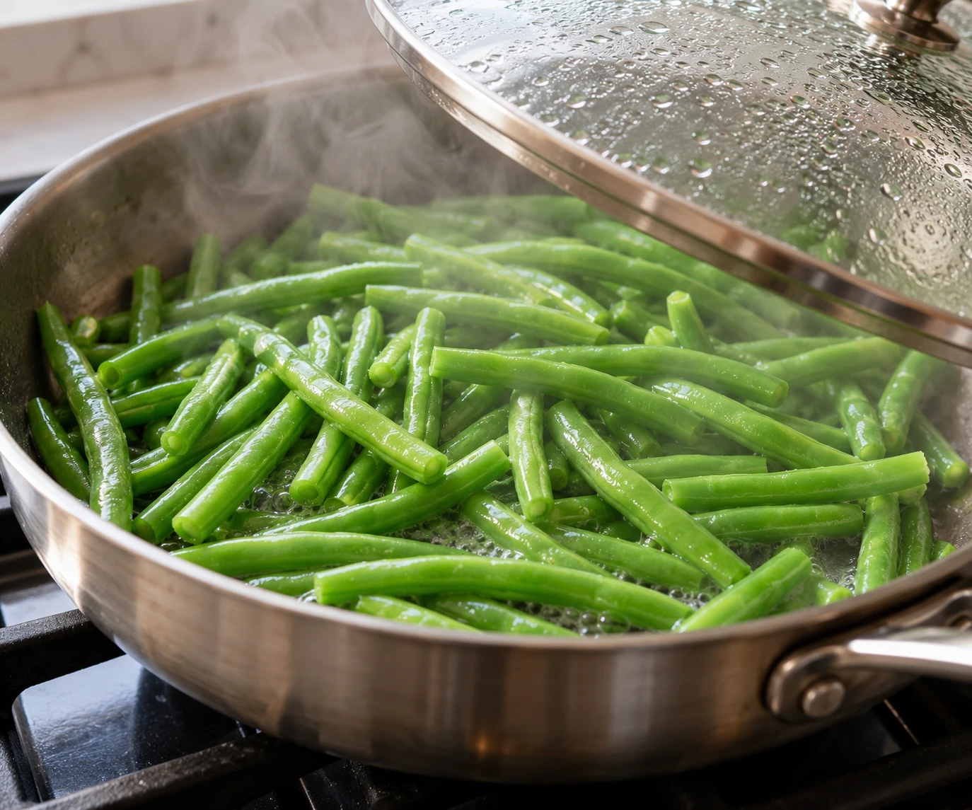 Trimmed green beans steam in a wide skillet before being finished with garlic butter.