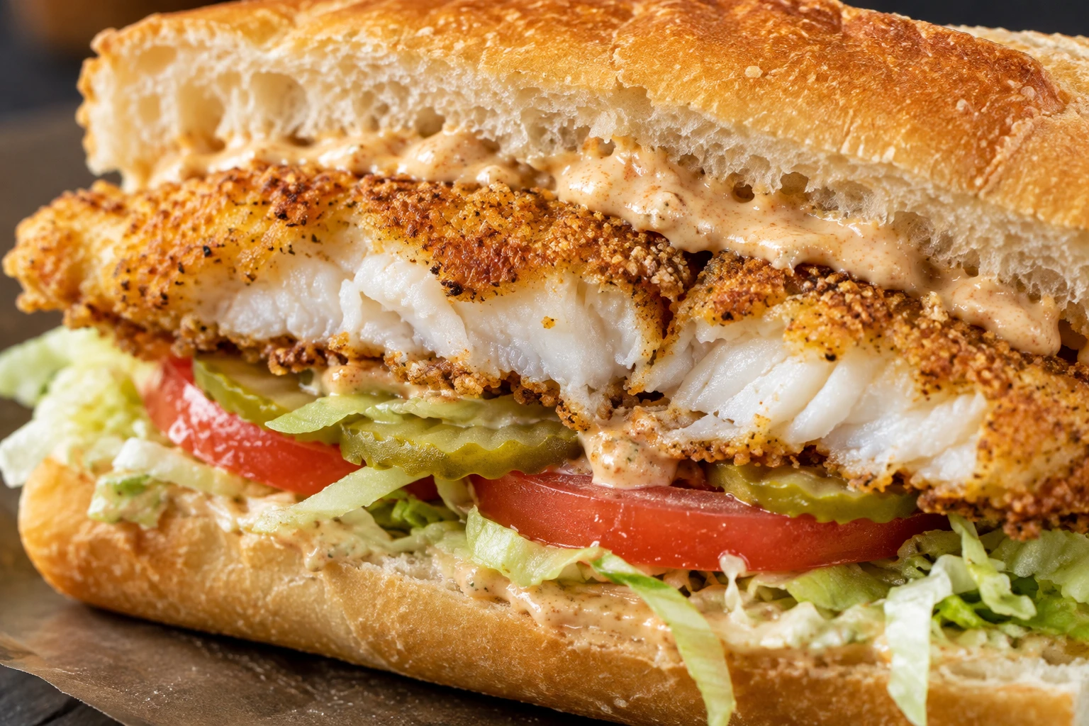 A cut po’ boy reveals flaky catfish inside its crisp cornmeal crust with remoulade and vegetables.