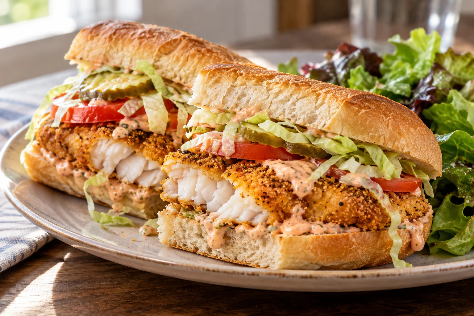 A golden catfish po’ boy with lettuce, tomato, pickles, remoulade, and a green salad.