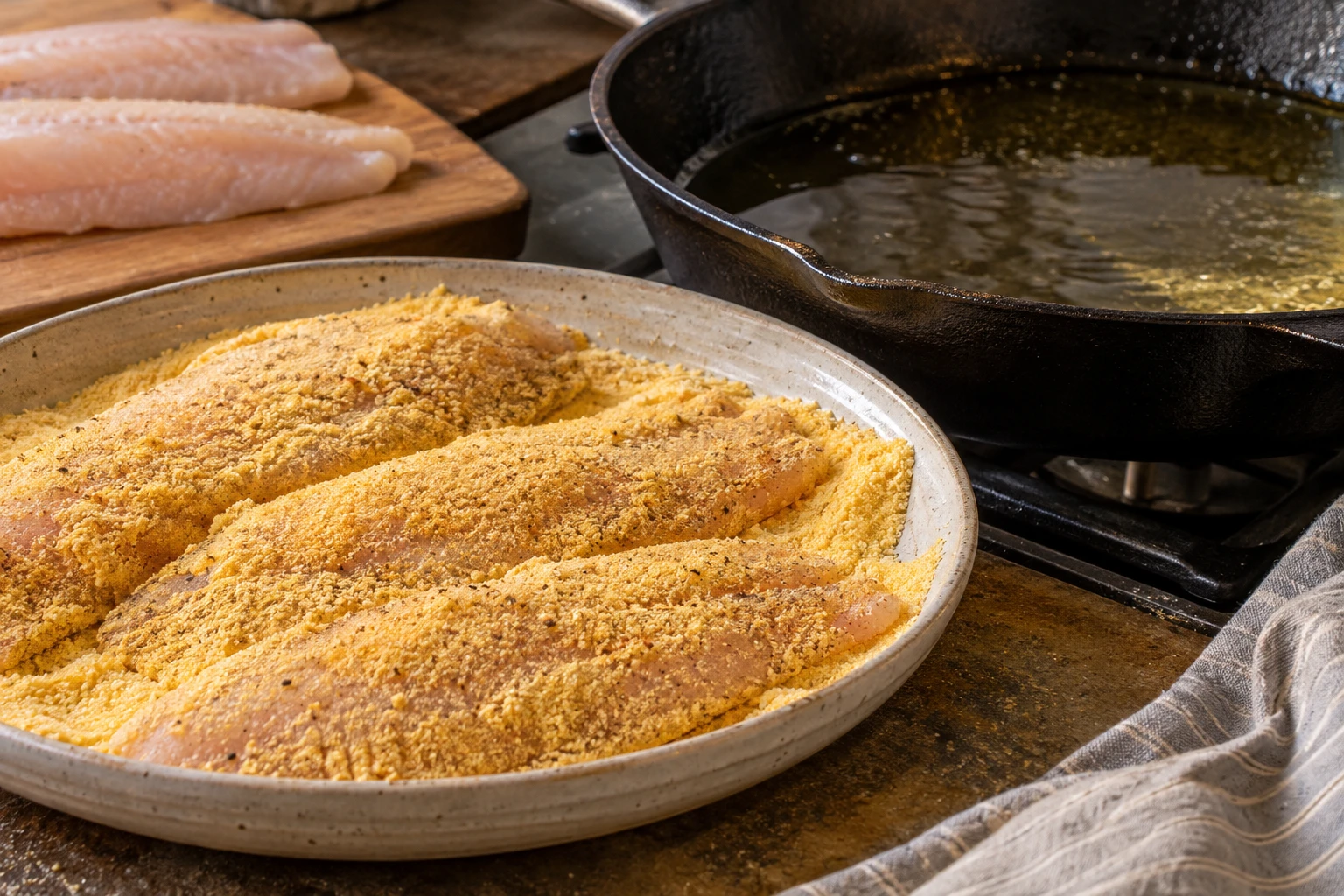 Catfish fillets receive an even cornmeal coating beside a skillet prepared for frying.