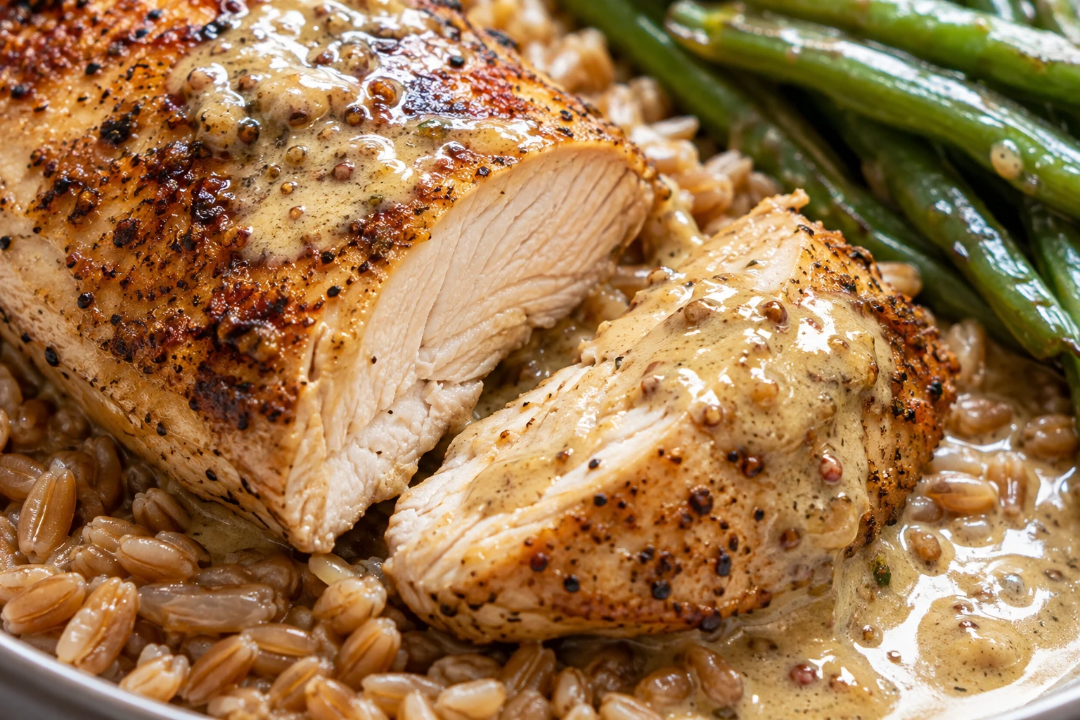 A cut chicken breast shows a cooked juicy center beneath glossy mustard sauce.