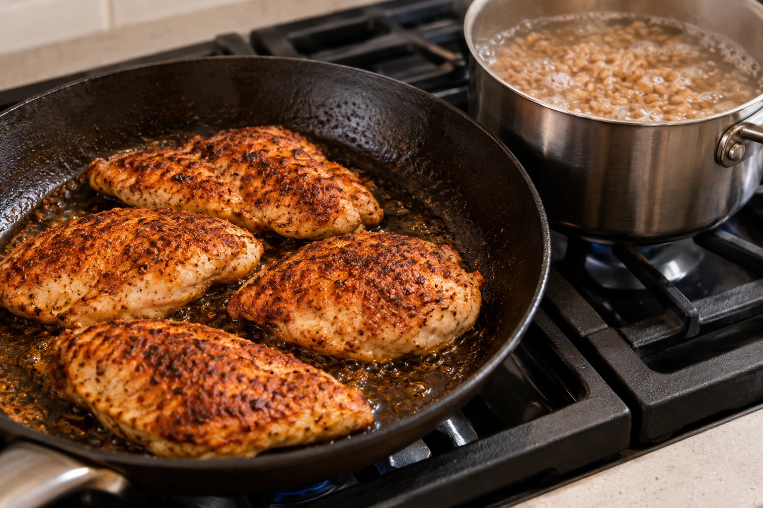 Seasoned chicken breasts brown in a skillet while farro simmers in a saucepan.