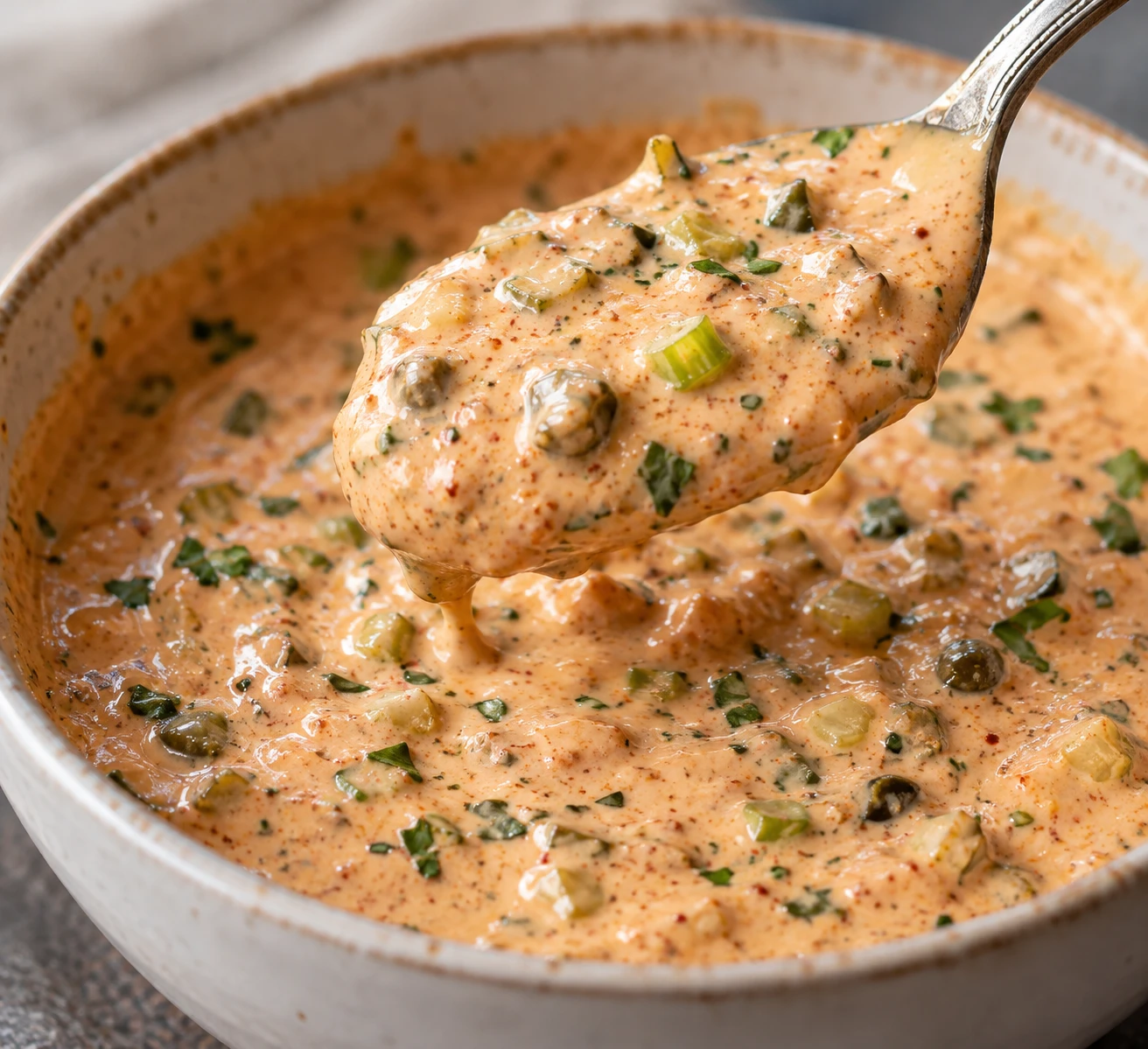 A spoonful of creamy remoulade reveals distinct flecks of caper, pickle, scallion, and parsley.