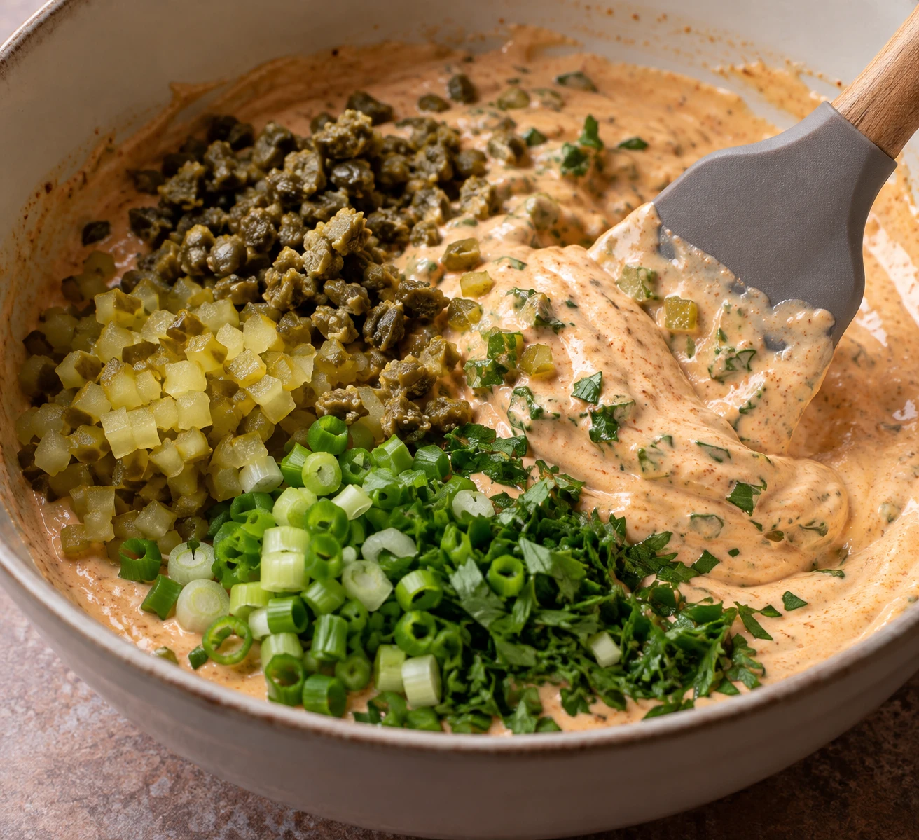 A spatula folds chopped capers, pickle, scallions, and parsley into the smooth remoulade base.