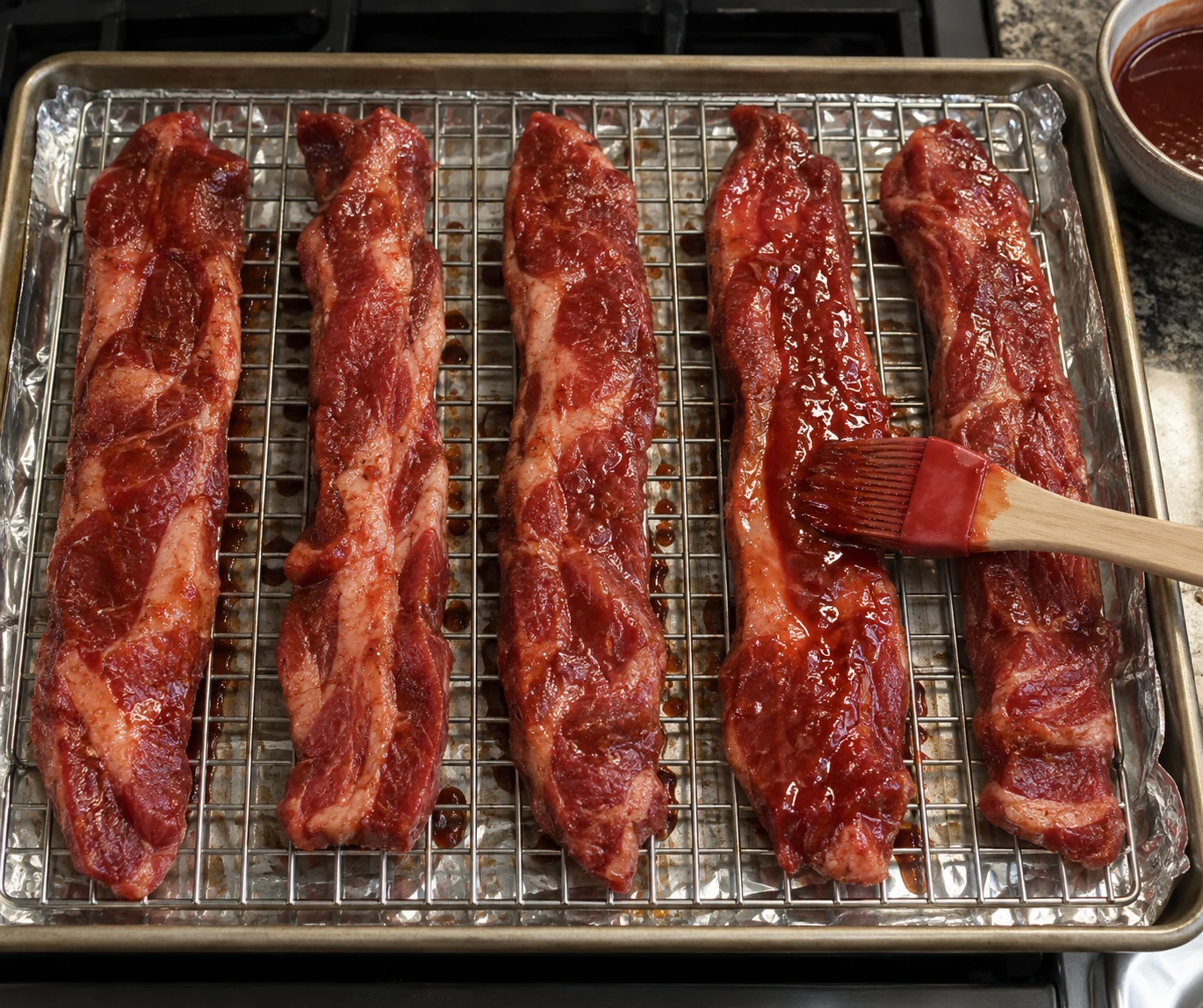 Long marinated pork strips are spaced on a wire rack and brushed with red-brown glaze during roasting.