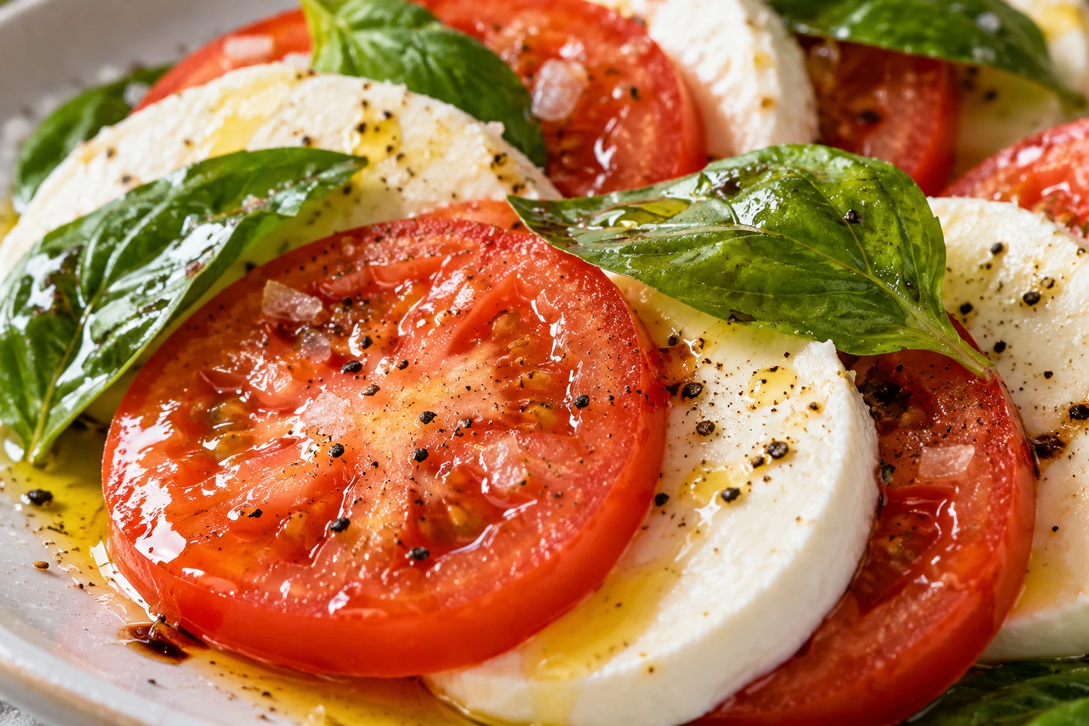 Tomato flesh, creamy mozzarella, basil, flaky salt, and a restrained olive-oil sheen show the finished salad texture.