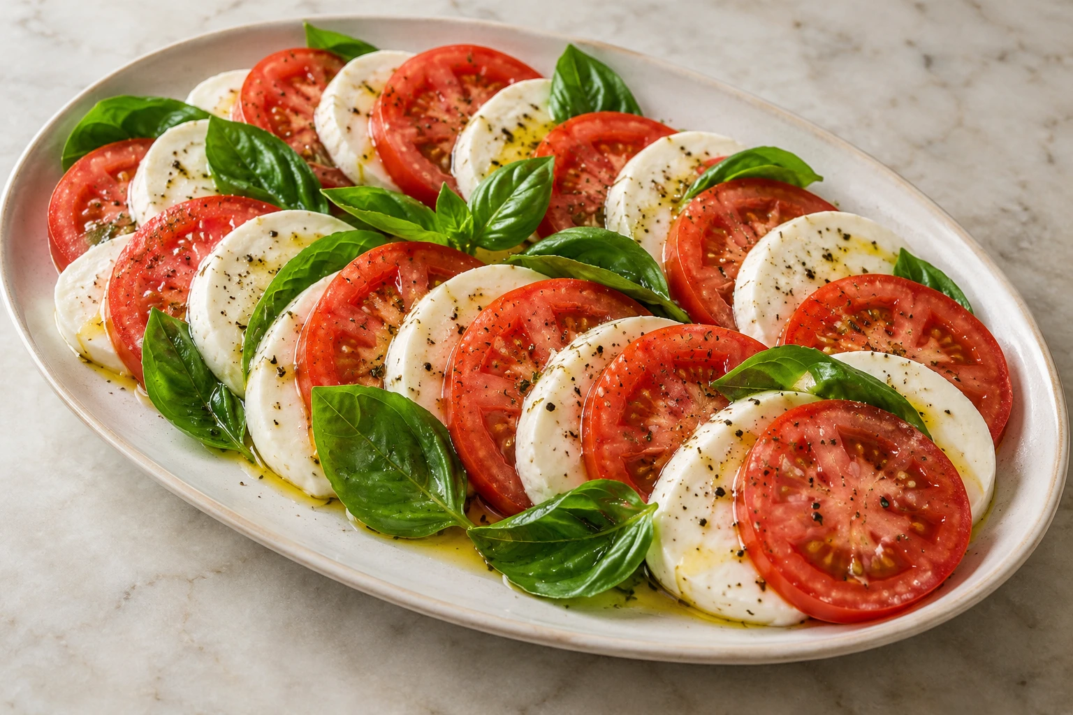 Alternating ripe tomato and fresh mozzarella slices are arranged with basil and a light olive-oil sheen.