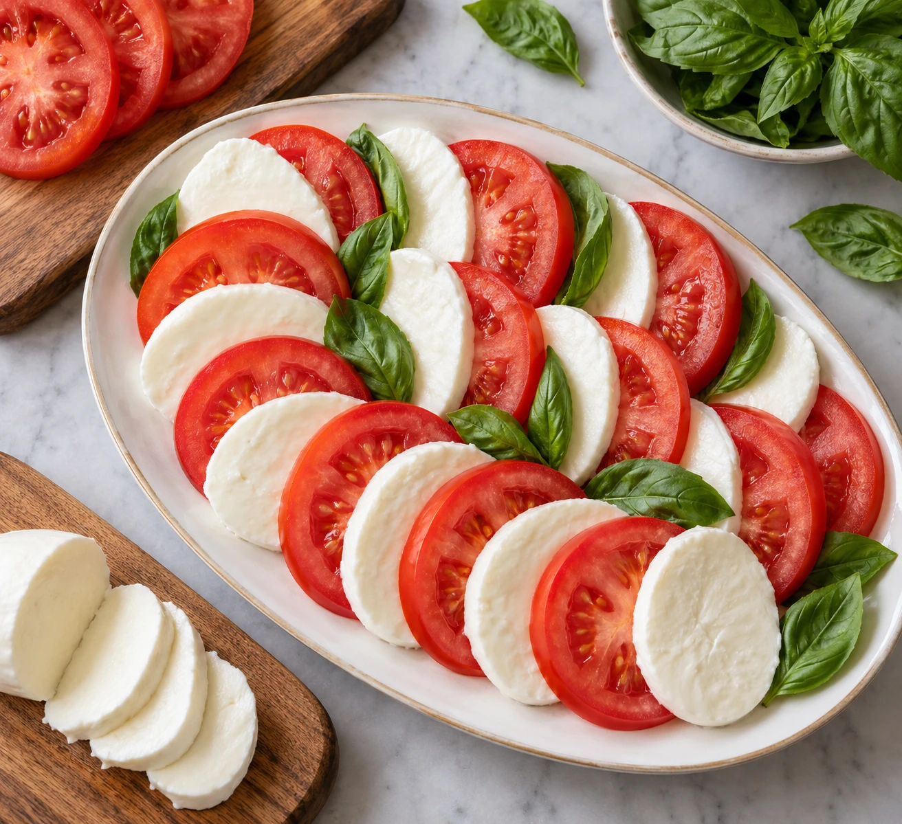 Even rounds of ripe tomato and fresh mozzarella are being arranged before basil and dressing are added.