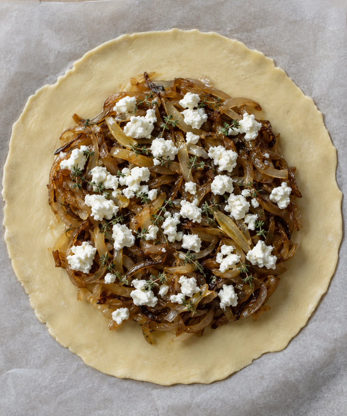 Cooled caramelized onions and goat cheese fill a cold pastry round with a bare border ready to fold.