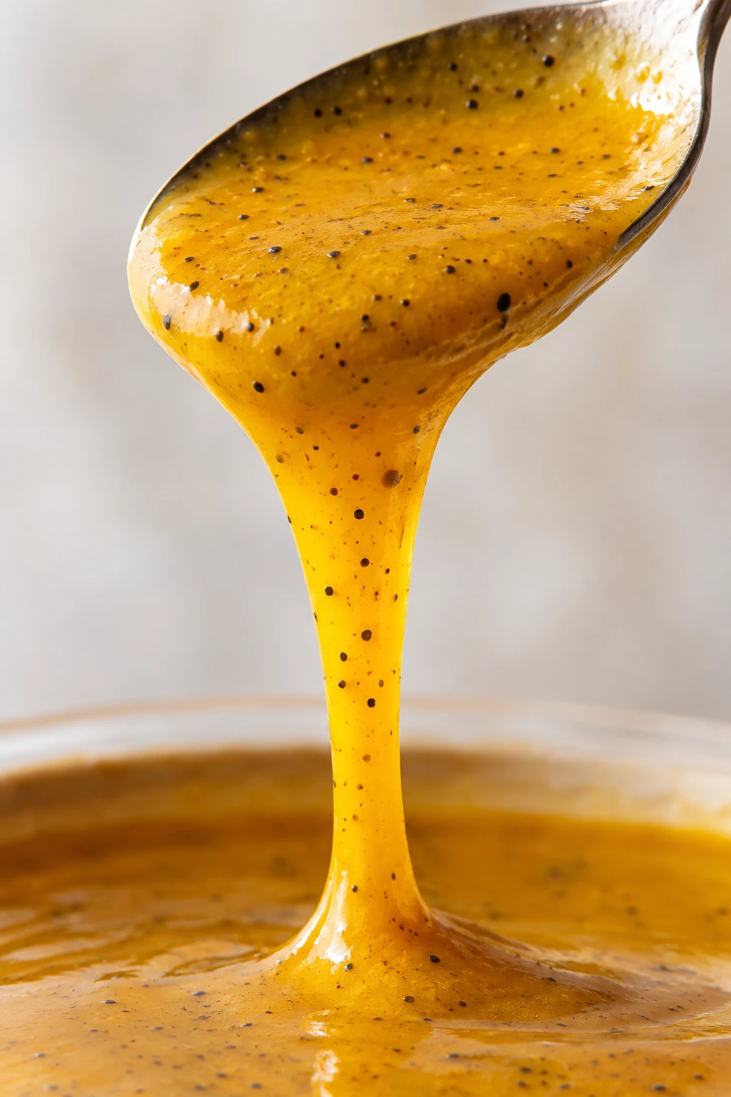 A steady glossy ribbon of golden mustard barbecue sauce falls from a spoon with black pepper flecks.