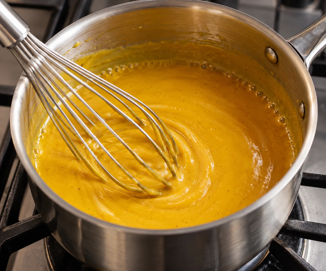 A whisk stirs smooth golden mustard barbecue sauce in a small saucepan over low heat.
