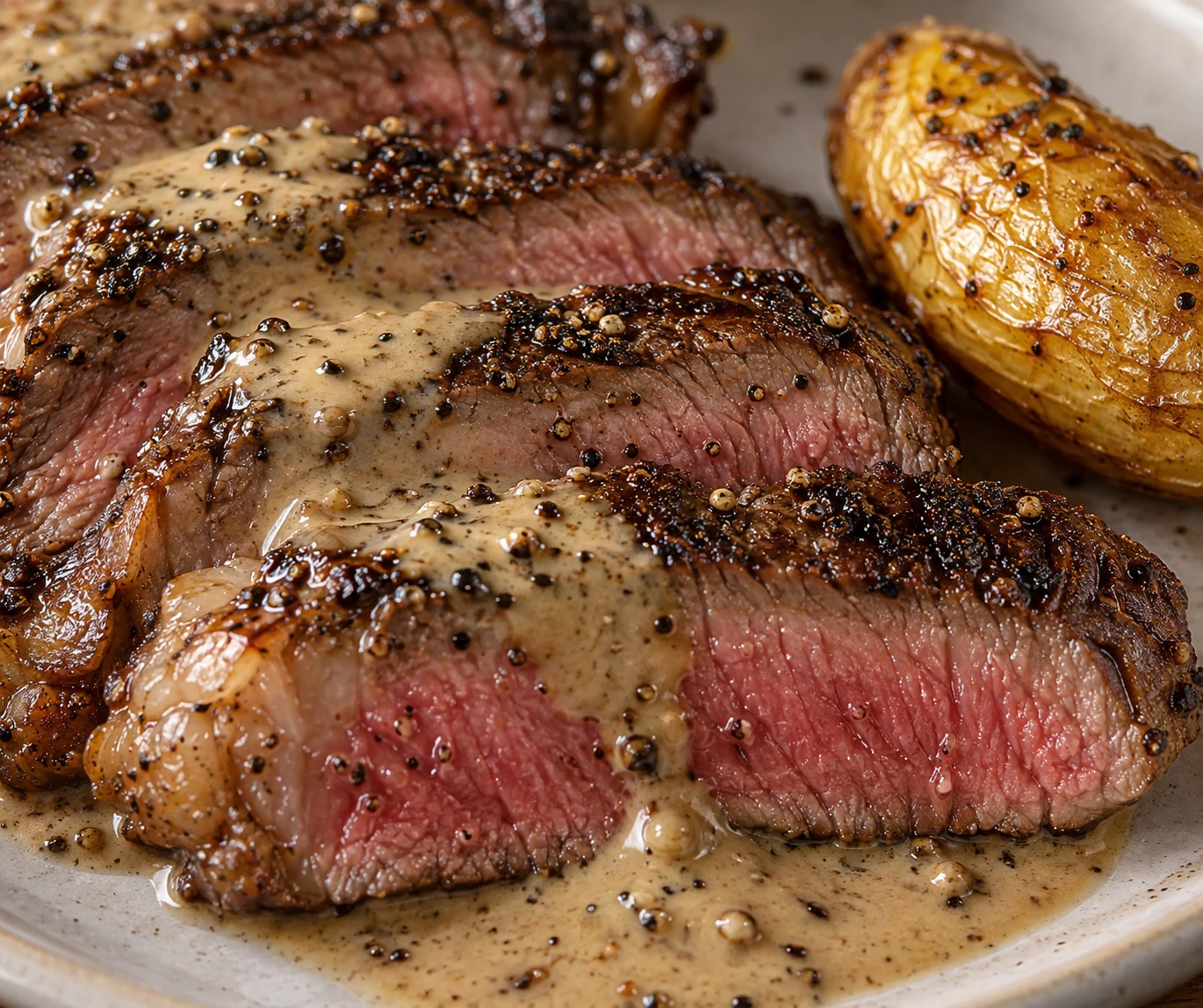 Rosy ribeye slices show a coarse pepper crust beneath glossy cream sauce beside a crisp fingerling potato.