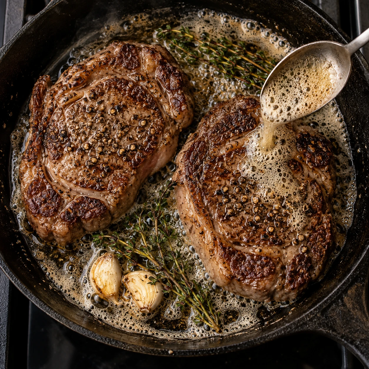 Two pepper-crusted ribeyes sear in cast iron beside foaming butter, crushed garlic, and thyme.