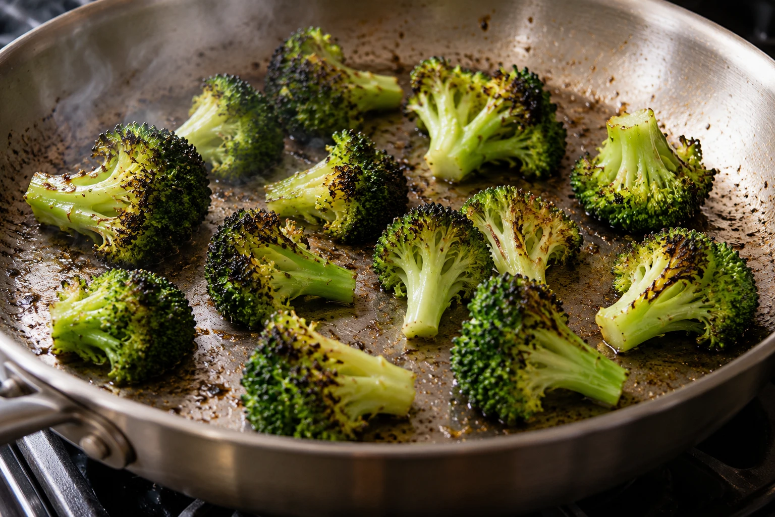 Broccoli florets sear with space between them in a wide skillet as charred spots form.